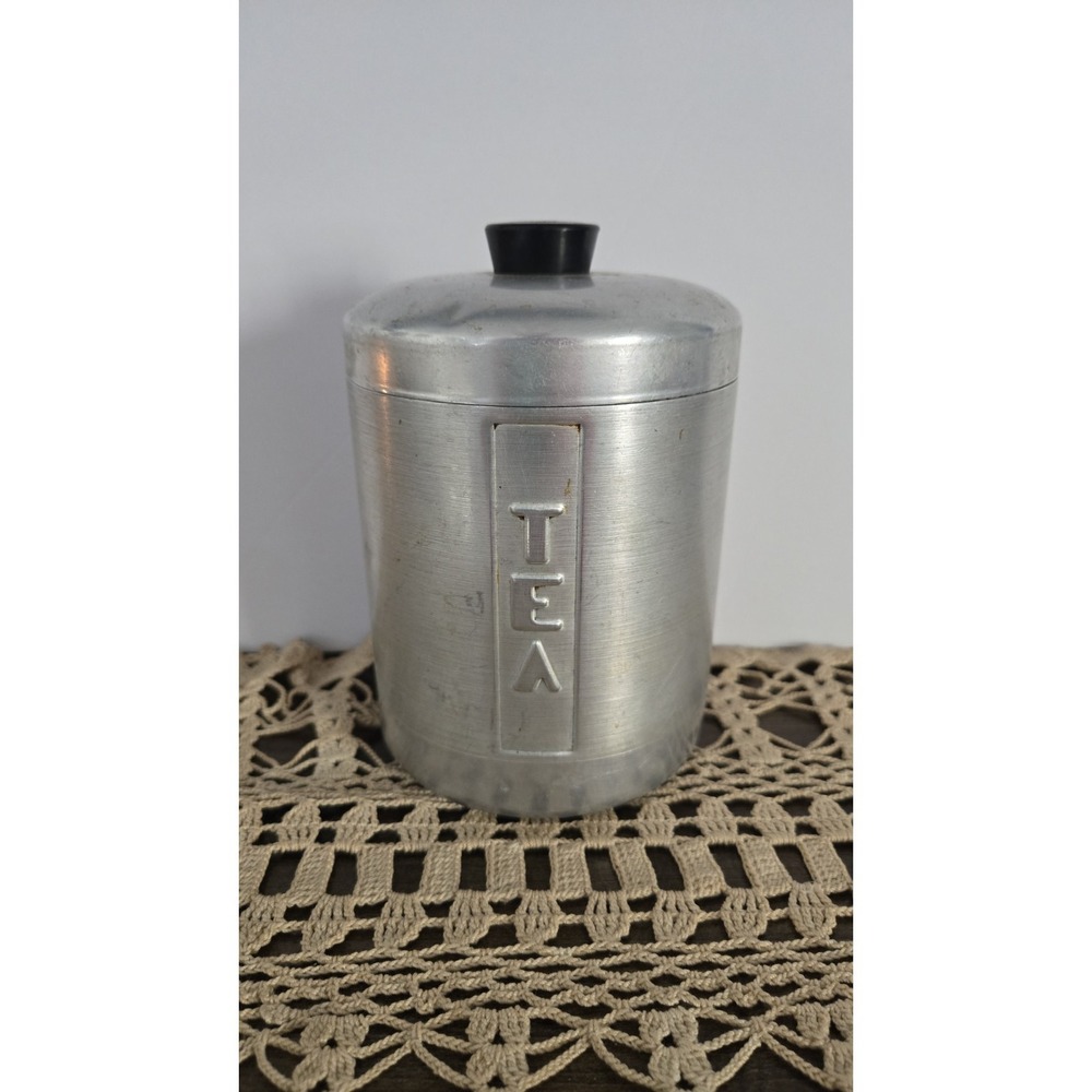 Century  Aluminum Ware Kitchen TEA Canister With Black Lid Vintage